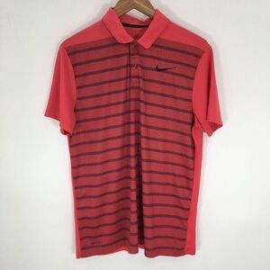 Nike Polo Shirt Men's Large Red/Black Striped Dri-fit Short Sleeve